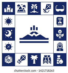 sun icon set. 17 filled sun icons.  Collection Of - Sand castle, Sun, Night, Mountain, Summer, Heater, Green energy, Bedouin, d, Mountains, Kite, Coconut tree, Palm tree, Flippers
