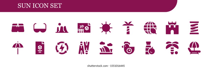 sun icon set. 18 filled sun icons.  Simple modern icons about  - Swimsuit, Sun glasses, Canyon, d, Palm tree, Ecology, Sand castle, Spring, Beach umbrella, Energy, Flippers