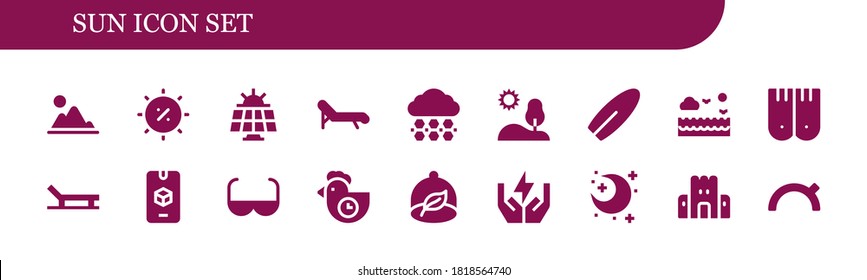sun icon set. 18 filled sun icons. Included Mountain, Summer, Solar panel, Deck chair, Hail, Hill, Surfboard, Sea, Flippers, Beach, d, Sun glasses, Morning, Ecologism, Save energy icons