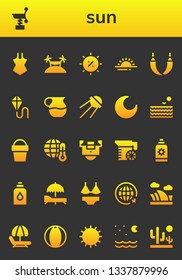 sun icon set. 26 filled sun icons.  Collection Of - Swimsuit, Spring, Island, Summer, Sunrise, Hammock, Kite, Juice, Sputnik, Night, Sea, Sand bucket, Global warming, Field, Sun cream