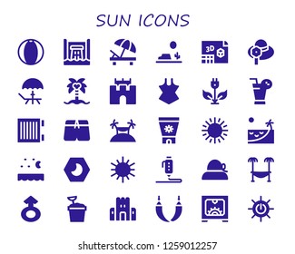  sun icon set. 30 filled sun icons. Simple modern icons about  - Beach ball, Hydro power, Sunbed, Desert, d, Pamela, Deck, Coconut tree, Sand castle, Swimsuit, Green energy, Juice