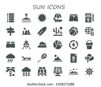sun icon set. 30 filled sun icons.  Collection Of - Spacing, Island, Sun, Hammock, Swim shorts, Eco fuel, Panel, Canyon, Surfboard, Desert, Beach ball, Global warming, Swimsuit