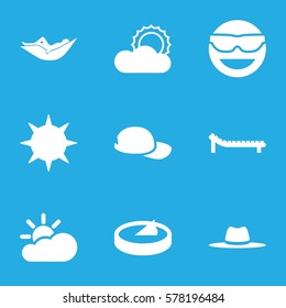 sun icon. Set of 9 sun filled icons such as woman in hammock, emot in sun glasses, hat, sun