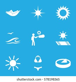sun icon. Set of 9 sun filled icons such as sun, woman in hammock, man, star, swimsuit