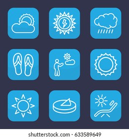 Sun icon. set of 9 outline sun icons such as sun, sunbed, man