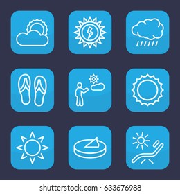 Sun icon. set of 9 outline sun icons such as sun, sunbed, man