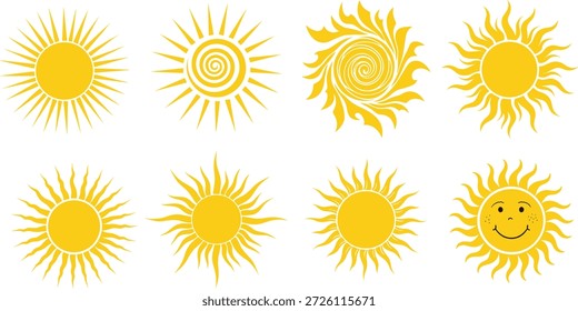 Sonnensymbol mit abstrakten, spiralförmigen, welligen und lächelnden Designs für Sommer-, Wetter-, Energie- und fröhliche Designinhalte.