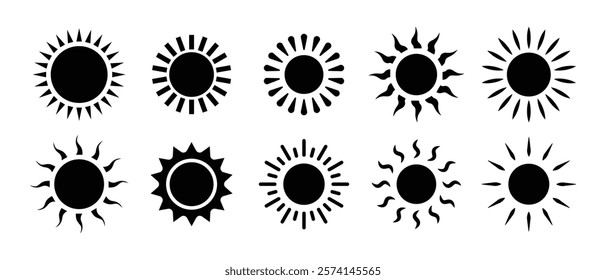 Sun icon set in black color on white background. Sun simple icons collection. Black sun icon set, sunshine and solar glow, sunrise or sunset. Vector illustration.