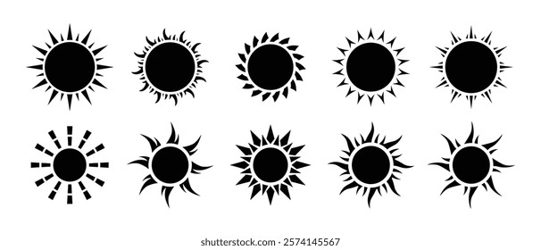 Sun icon set in black color on white background. Sun simple icons collection. Black sun icon set, sunshine and solar glow, sunrise or sunset. Vector illustration.