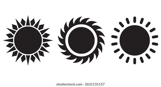 Sun icon set in Black color on white background. Sun simple icons collection. Black sun icon set, sunshine and solar glow, sunrise or sunset. Vector illustration.