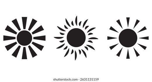 Sun icon set in Black color on white background. Sun simple icons collection. Black sun icon set, sunshine and solar glow, sunrise or sunset. Vector illustration.
