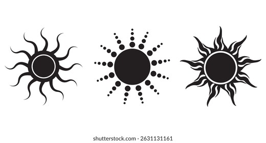 Sun icon set in Black color on white background. Sun simple icons collection. Black sun icon set, sunshine and solar glow, sunrise or sunset. Vector illustration.