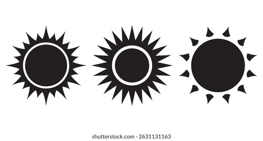 Sun icon set in Black color on white background. Sun simple icons collection. Black sun icon set, sunshine and solar glow, sunrise or sunset. Vector illustration.