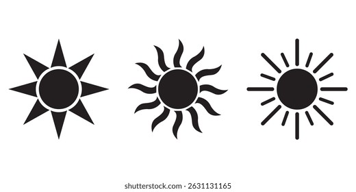 Sun icon set in Black color on white background. Sun simple icons collection. Black sun icon set, sunshine and solar glow, sunrise or sunset. Vector illustration.