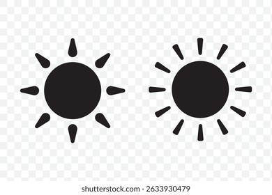 Sun icon set in black color on white background. Sun simple icons collection. Black sun icon set, sunshine and solar glow, sunrise or sunset. Vector illustration. EPS 10