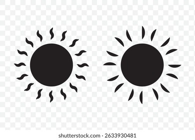 Sun icon set in black color on white background. Sun simple icons collection. Black sun icon set, sunshine and solar glow, sunrise or sunset. Vector illustration. EPS 10