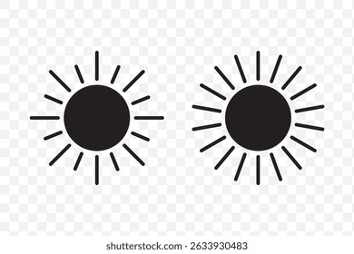Sun icon set in black color on white background. Sun simple icons collection. Black sun icon set, sunshine and solar glow, sunrise or sunset. Vector illustration. EPS 10
