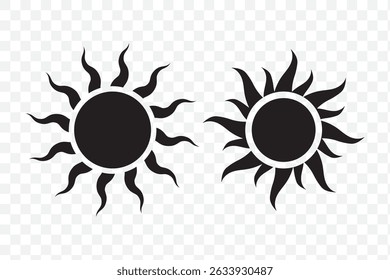 Sun icon set in black color on white background. Sun simple icons collection. Black sun icon set, sunshine and solar glow, sunrise or sunset. Vector illustration. EPS 10