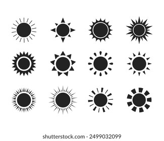 Sun icon set. Black sun icons. Shine sun ray set. Sunset icon collection.  Vector illustration