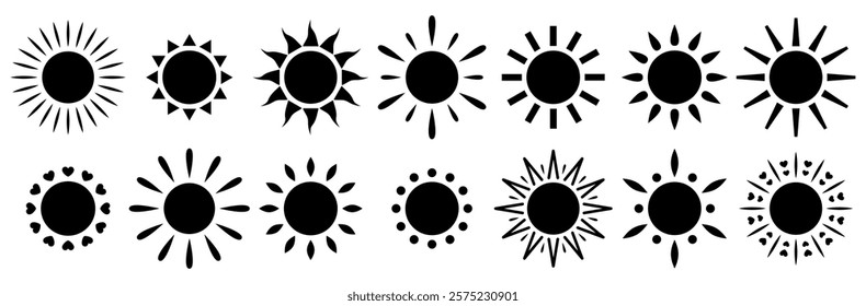 Sun icon set. Black sun icons. Shine sun ray set. Summer, spring, nature, sky. Sun silhouette. Hot solar energy