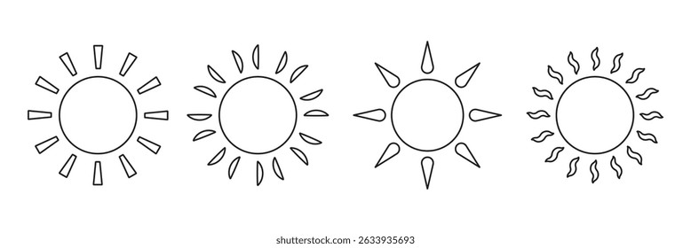 Sun icon set. Black sun icons. Shine sun ray set. Sunset icon collection. Black sun star icons. Vector illustration. EPS 10.