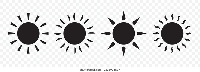 Sun icon set. Black sun icons. Shine sun ray set. Sunset icon collection. Black sun star icons. Vector illustration. EPS 10.