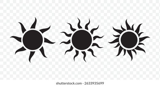 Sun icon set. Black sun icons. Shine sun ray set. Sunset icon collection. Black sun star icons. Vector illustration. EPS 10.