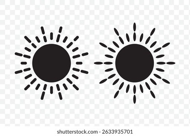 Ensemble d'icônes Sun. Icônes soleil noir. Ensemble de rayons de soleil brillant. Icône coucher de soleil collection. Icônes étoile noire du soleil. Illustration vectorielle. EPS10.