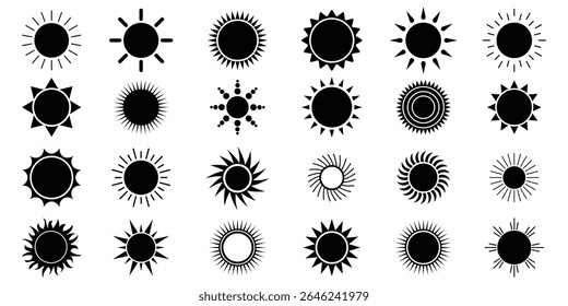 Sun icon set. Black sun icons. Shine sun ray set. Sunset icon collection. Black sun star icons. Hot solar energy for tan. sunshine and solar glow, sunrise, sunlight, Hot solar energy for tan. 