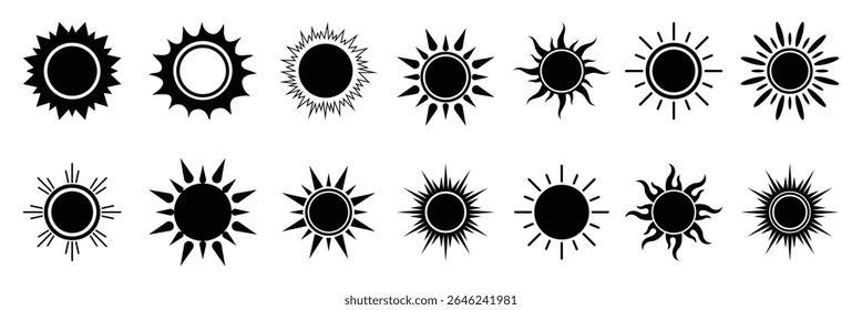 Sun icon set. Black sun icons. Shine sun ray set. Sunset icon collection. Black sun star icons. Hot solar energy for tan. sunshine and solar glow, sunrise, sunlight, Hot solar energy for tan. 