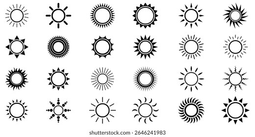 Sun icon set. Black sun icons. Shine sun ray set. Sunset icon collection. Black sun star icons. Hot solar energy for tan. sunshine and solar glow, sunrise, sunlight, Hot solar energy for tan. 