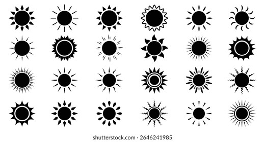 Sun icon set. Black sun icons. Shine sun ray set. Sunset icon collection. Black sun star icons. Hot solar energy for tan. sunshine and solar glow, sunrise, sunlight, Hot solar energy for tan. 