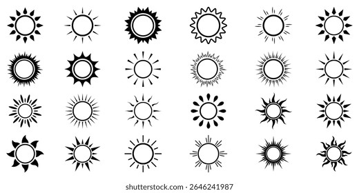 Sun icon set. Black sun icons. Shine sun ray set. Sunset icon collection. Black sun star icons. Hot solar energy for tan. sunshine and solar glow, sunrise, sunlight, Hot solar energy for tan. 
