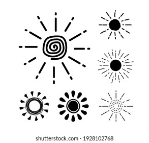 Sun icon set. Black silhouette sun collection. Summer, sunlight, nature, sky. Funny vector doodle suns. Hand drawn set. Vector illustration isolated on white background.