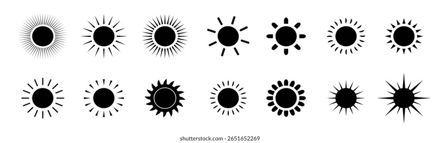 sun icon set black sun star icons silhouette shape circle sunny summer sunlight nature sky