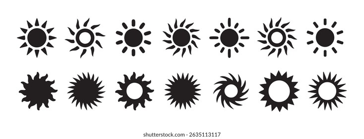 Sun Icon Set – Black Sun Symbols Collection for Weather, Nature, and Design Concepts. vector illustration