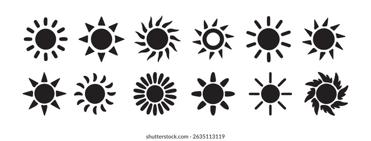 Sun Icon Set – Black Sun Symbols Collection for Weather, Nature, and Design Concepts. vector illustration