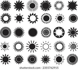 Sun icon set in black and white