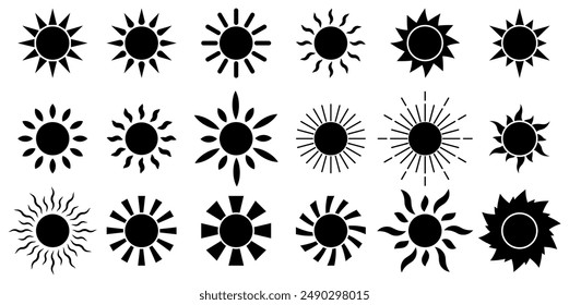 Sun icon set. Black and white sun icons. Y2k sunburst set. Sunset icon collection. Vector illustration