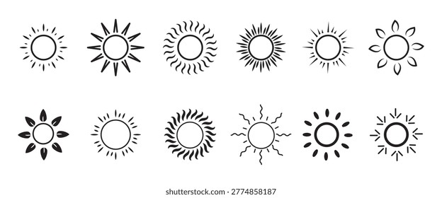 Sun icon set. Black and white sun icons. Y2k sunburst set. Sunset icon collection. Vector illustration