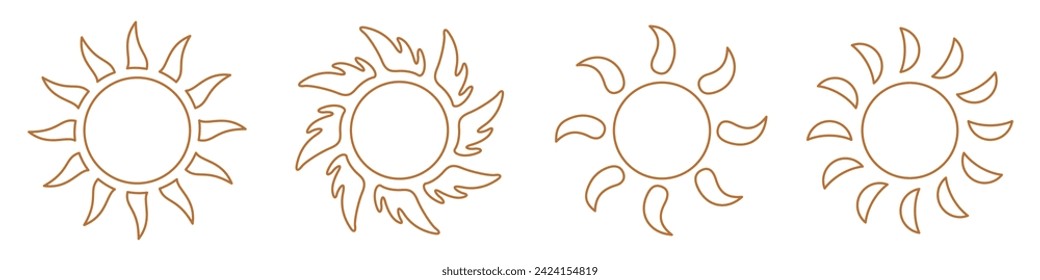 Sun icon set, boho sun, solar isolated icon, bohemian moon with rays, sunshine, sunset, summer, sunlight