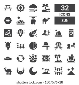 sun icon set. Collection of 32 filled sun icons included Dust, Lights, Island, Night, Hammock, Camel, Sand castle, Coconut tree, Field, Picnic, Energy, Pamela, Travel, Brightness