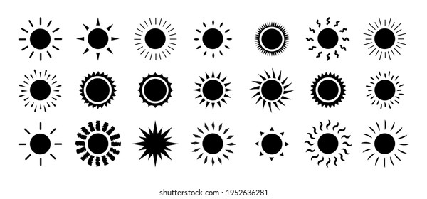 Sun icon set collection. Big black silhouette sign summer. Logo design template for meteorology web app. Isolated on white vector illustration eps 10