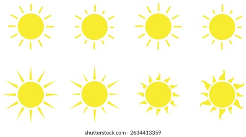 Sun icon set collection on white background. Sun icon with bold rays. Sunshine graphic illustration. Circular sun silhouette. Stylized  with rays. Weather sun icon vector. Vector illustration