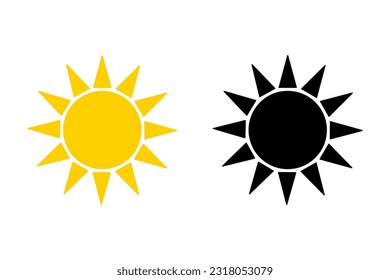 Sun icon set. Collection of yellow sun and black silhouette. Vector illustration for use as weather, sunlight, nature icon or logo isolated on white background