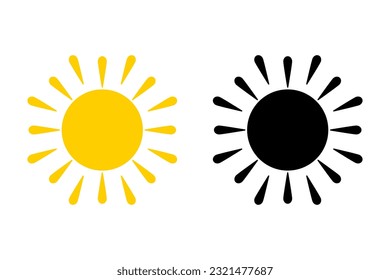 Sun icon set. Collection of yellow sun and black silhouette. Vector illustration for use as weather, sunlight, nature icon or logo isolated on white background