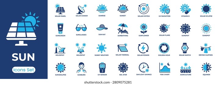 Sun icon set. Containing solar panel, sunrise, solar power, sunscreen, UV radiation and more. Solid vector icons collection