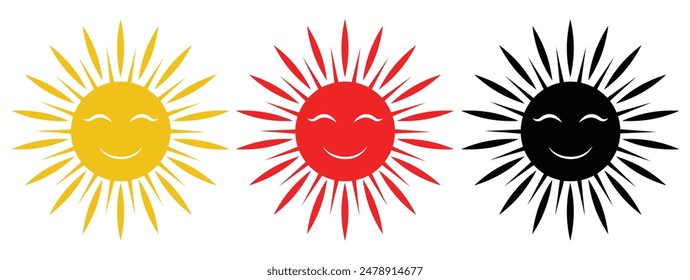 Sun icon set. Cute smiling sun icon. sun star icons collection. Summer, sunlight, nature, sky. Vector illustration isolated on white background.