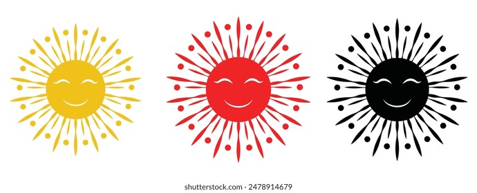 Sun icon set. Cute smiling sun icon. sun star icons collection. Summer, sunlight, nature, sky. Vector illustration isolated on white background.