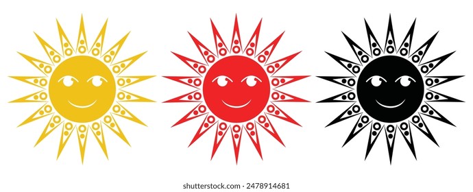 Sun icon set. Cute smiling sun icon. sun star icons collection. Summer, sunlight, nature, sky. Vector illustration isolated on white background.